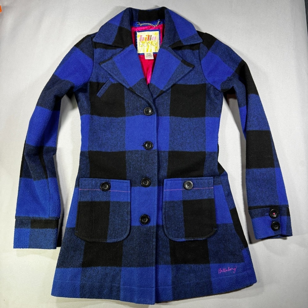 Billabong Womens Wool Blend Buffalo Plaid Coat Blue Black Pink Lining Size Small